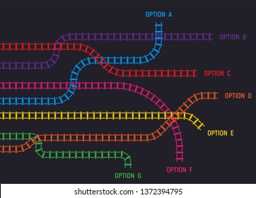 Train rail tracks, railroad infographic template. Railway tracks in directions. Colorful tracks going in different directions with option. Rail map or logistic options.