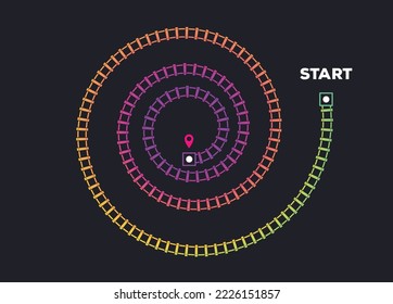 Ferrocarril ferroviario, plantilla infográfica de ferrocarril con inicio y acabado. Destino de las vías ferroviarias de los círculos de concentración espiral. Las huellas coloridas se desvían en espiral dentro del centro.