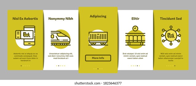 Train Rail Transport Onboarding Mobile App Page Screen Vector. Electrical Passenger And Freight Train, Railway Station And Platform, Carriage And Ticket Color Illustrations