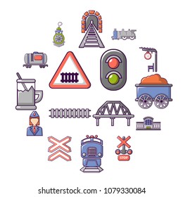 Train railroad icons set. Cartoon illustration of 16 train railroad vector icons for web