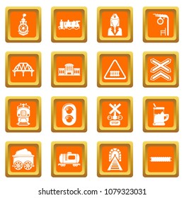 Train railroad icons set vector orange square isolated on white background 