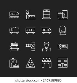 Zug, Eisenbahn-Symbole, weiße Linien auf schwarzem Hintergrund. Bahnhöfe, Personenwagen, Schienen, Bauwerke. Anpassbare Linienstärke