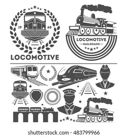 Train  or railroad logo, design elements set. Signs and symbols . Black railway  retro emblems and badges collection