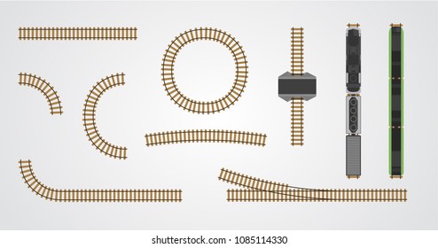 Train Railroad And Railway Tracks Set For Construction Isolated On White Background. Connectable Elements. City Constructor. View From Above (top View). Map Design. Flat Style Vector Illustration.