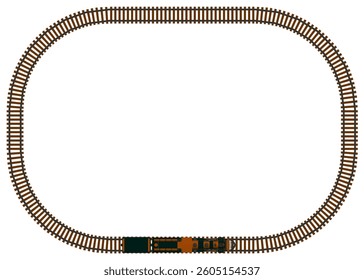 A train rails with a train on it. The train is on the track and is not moving