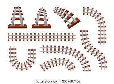 Train rails. Top view of railroad for cargo locomotives, subway and tram. Transport route travel symbol. Turns and straight railway parts. Vector metal railings and wooden sleepers set