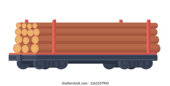 Train railway car for transportation container with raw wood. Rail freight. Forestry industry. Vector illustration.