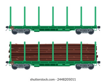 Train railway car for transportation raw wood. Rail flatcar full of wooden trunks. Freight boxcar wagon. Flatcar part of cargo train. Railroad transportation. Flat vector illustration