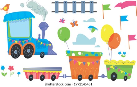 Train, Railway And Decor For The Holiday A Large Set Of Elements. Vector Illustration In Cartoon Children S Style. Isolated Funny Clipart On A White Background. Cute Print Steam Locomotive Collection