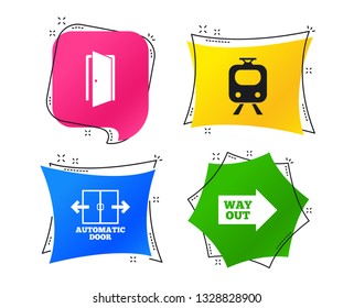 Train railway icon. Automatic door symbol. Way out arrow sign. Geometric colorful tags. Banners with flat icons. Trendy design. Vector