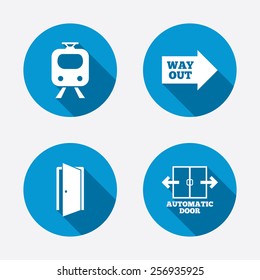 Train railway icon. Automatic door symbol. Way out arrow sign. Circle concept web buttons. Vector