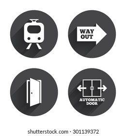 Train railway icon. Automatic door symbol. Way out arrow sign. Circles buttons with long flat shadow. Vector