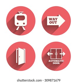 Train railway icon. Automatic door symbol. Way out arrow sign. Pink circles flat buttons with shadow. Vector