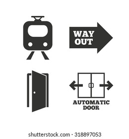 Train railway icon. Automatic door symbol. Way out arrow sign. Flat icons on white. Vector