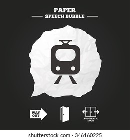 Train railway icon. Automatic door symbol. Way out arrow sign. Paper speech bubble with icon.