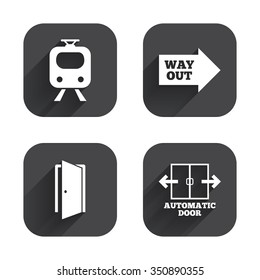Train railway icon. Automatic door symbol. Way out arrow sign. Square flat buttons with long shadow.