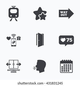 Train railway icon. Automatic door symbol. Way out arrow sign. Flat talking head, calendar icons. Stars, like counter icons. Vector