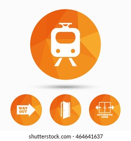 Train railway icon. Automatic door symbol. Way out arrow sign. Triangular low poly buttons with shadow. Vector