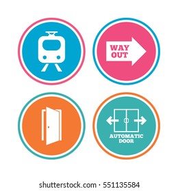 Train railway icon. Automatic door symbol. Way out arrow sign. Colored circle buttons. Vector