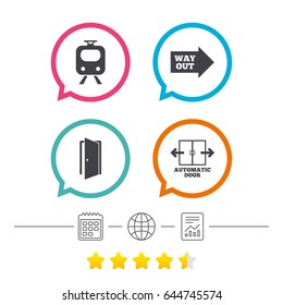 Train railway icon. Automatic door symbol. Way out arrow sign. Calendar, internet globe and report linear icons. Star vote ranking. Vector