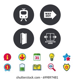 Train railway icon. Automatic door symbol. Way out arrow sign. Calendar, Information and Download signs. Stars, Award and Book icons. Light bulb, Shield and Search. Vector