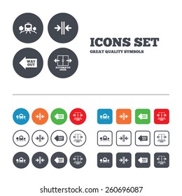 Train railway icon. Overground transport. Automatic door symbol. Way out arrow sign. Web buttons set. Circles and squares templates. Vector