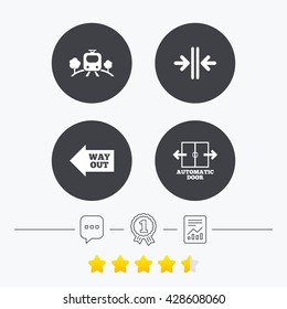 Train railway icon. Overground transport. Automatic door symbol. Way out arrow sign. Chat, award medal and report linear icons. Star vote ranking. Vector