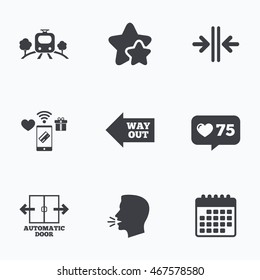 Train railway icon. Overground transport. Automatic door symbol. Way out arrow sign. Flat talking head, calendar icons. Stars, like counter icons. Vector