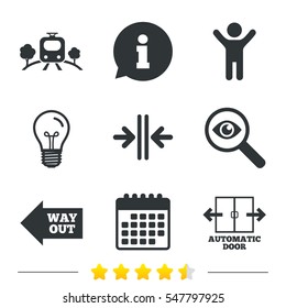 Train railway icon. Overground transport. Automatic door symbol. Way out arrow sign. Information, light bulb and calendar icons. Investigate magnifier. Vector