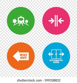 Train railway icon. Overground transport. Automatic door symbol. Way out arrow sign. Round buttons on transparent background. Vector