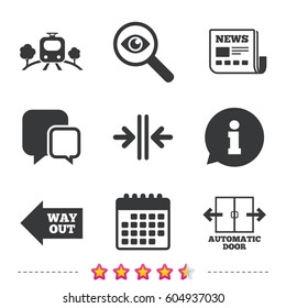 Train railway icon. Overground transport. Automatic door symbol. Way out arrow sign. Newspaper, information and calendar icons. Investigate magnifier, chat symbol. Vector