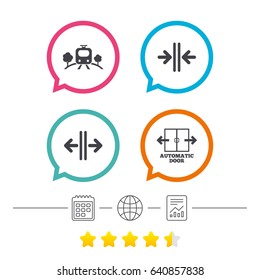 Train railway icon. Overground transport. Automatic door symbol. Way out arrow sign. Calendar, internet globe and report linear icons. Star vote ranking. Vector
