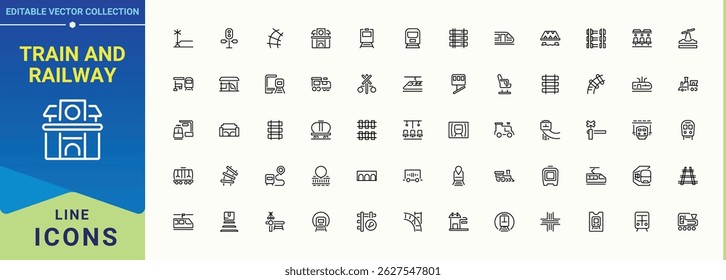 Train And Railway icon. Vector outline icons collection. Includes symbols for vehicle, transportation, rail, railroad, station, railway. Editable stroke. Vector illustration. Vehicle icon collection.