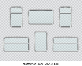 Tren, tren, metro y metro ventanas interiores realistas. Conjunto de vectores de gafas claras con marco metálico en el vagón. Compartimento de pasajeros en el transporte ferroviario aislado sobre fondo transparente