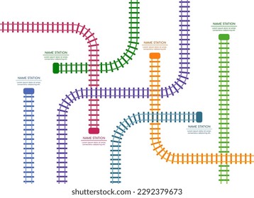 Train railway. Rail track infographic. Railroad or subway station map. Top view of tram road. Cargo transport. Locomotive way. Turns and crossroads. Vector utter colorful illustration