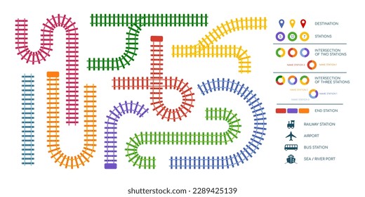 Train railway. Rail track kids constructor. Line toy map for infographic. Railroad turn and straight parts. Station for subway locomotive. Isolated elements set. Vector utter design concept