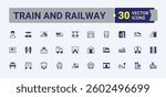 Train And Railway simple icon. Contains outline symbols like rail, tram, subway, road, train, locomotive, transportation and more. Transport icon pack. Pixel perfect. Vector line and solid icons.