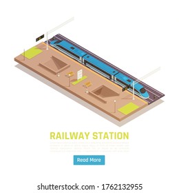 Train Railway Station Isometric Background With Text And Read More Button With Platform And Regional Express Vector Illustration