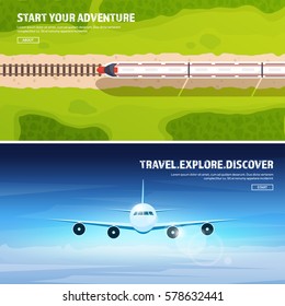 Train, railway station. Travel and tourism. Airplane, aviation. Summer holidays, vacation. Plane landing. Flight, air traveling. Sky, aerial background. Journey.