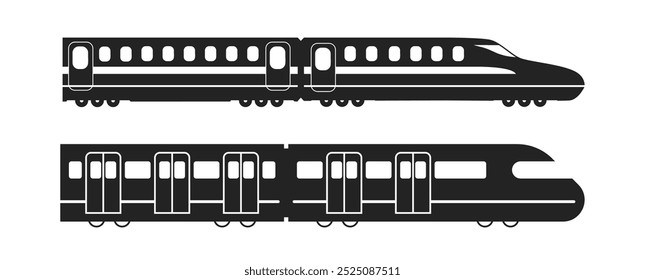 Train and railway transportation icons. Transport vehicle train side view silhouette