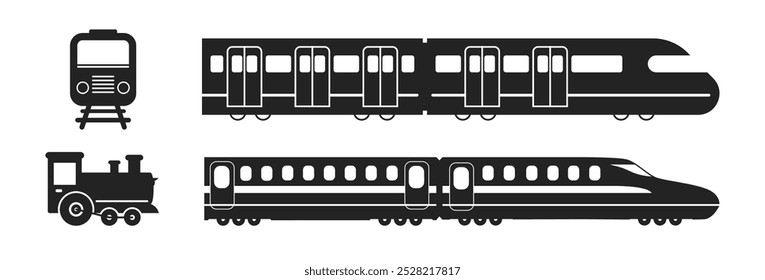 Ícones de transporte ferroviário e ferroviário. Silhueta de visão lateral do comboio de veículos de transporte