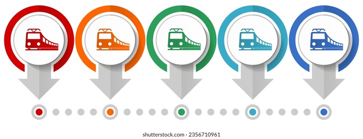 Zug, Bahn, Transport, Vektorsymbol-Set, flache Design-Infografik-Vorlage, Zeigerkonzept-Symbole in 5 Farboptionen für Webdesign und mobile Anwendungen