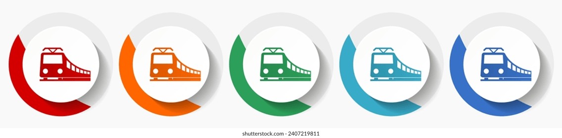 Tren, ferrocarril, conjunto de iconos de vectores de transporte, iconos planos para el diseño de logotipos, diseño web y aplicaciones móviles, botones redondos coloridos