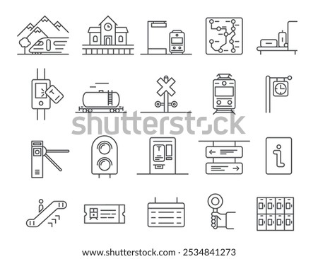 Train railway travel station passenger transportation line art icon set vector flat illustration. Public transport express railroad subway ticket map baggage turnstile escalator traffic lights arrow