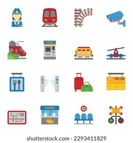Juego de iconos planos de tren y ferrocarril 2. interciudad, internacional, trenes de mercancías, colección de símbolos.