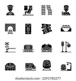 Train and railways glyph icon set 1. intercity, international, freight trains, symbols collection.
