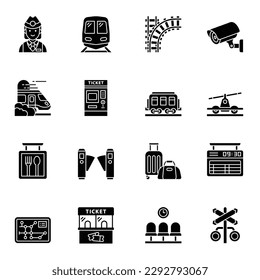 Juego de iconos de glifos de tren y ferrocarril 2. interciudad, internacional, trenes de mercancías, colección de símbolos.