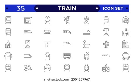 Conjunto de iconos de trenes y ferrocarriles. Intercity, internacional, trenes de carga, iconos lineales. 
