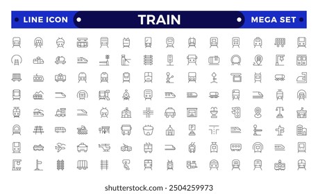 train and railways icon set. intercity, international, freight trains, linear icons. 
