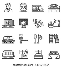 train and railways icon set with white background. Thin line style stock vector.